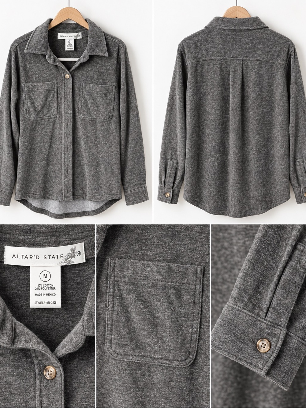 Altar'd State Heather Gray Button-Front Velour Shirt